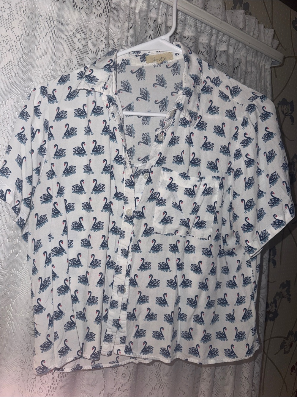 Love Notes White Short-Sleeve Button-Up Top with Blue Swan Print